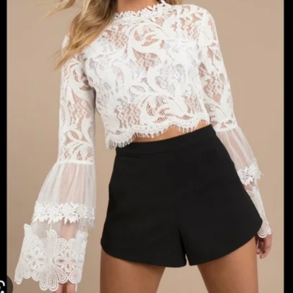 Chelsea Women's Lace Crop Top with Full Tulle Bell Sleeves White S